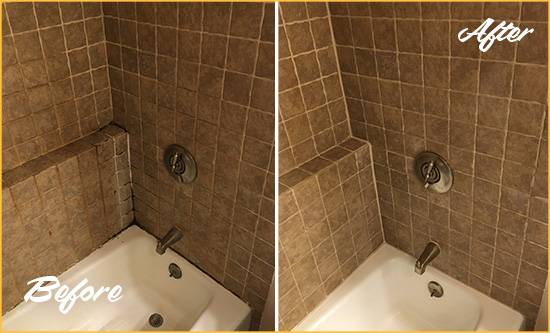 Before and After Picture of Tub Caulking on a Shower with Mold and Mildew