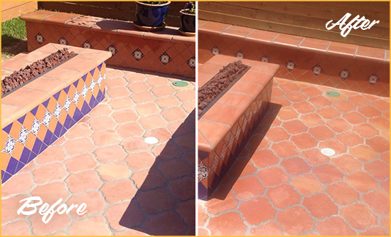 Before and After Picture of an Terracotta Patio Cleaned and Color Enhanced