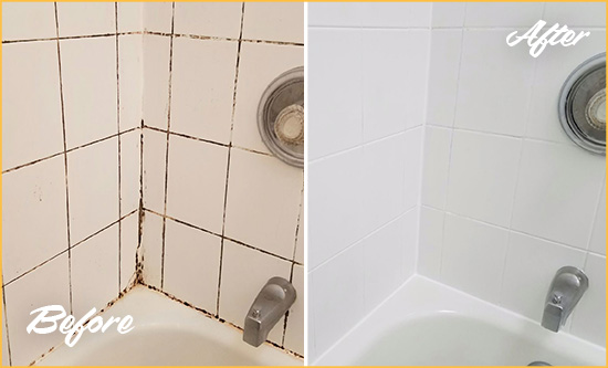 Before and After Picture of a White Tile Bathroom Regrouted to Eliminate Mold