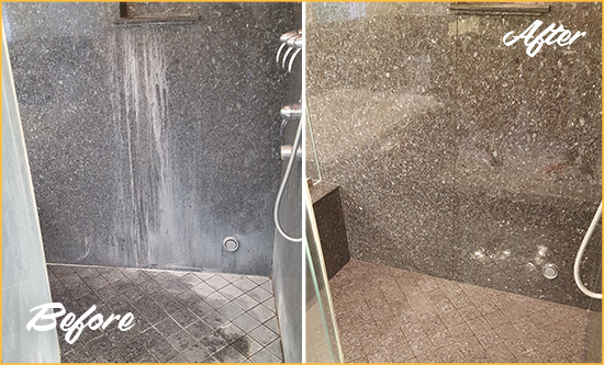 Before and After Picture of a Granite Shower with Mineral Deposits Cleaned and Sealed