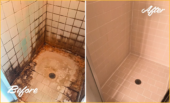 Before and After Picture of Shower Caulking on a Shower with Mold and Mildew