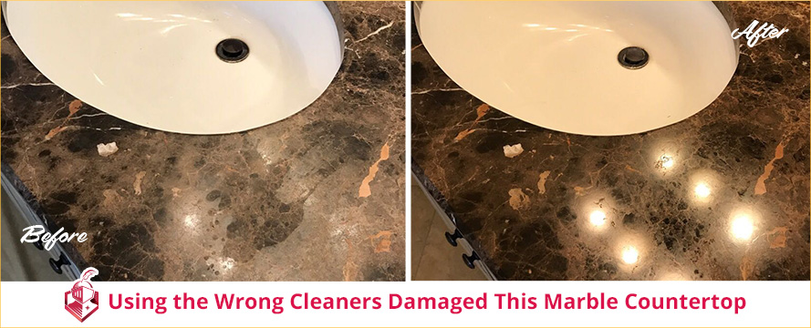 Incorrect Cleaners Dulled This Bathroom Marble Countertop and It's Restored Like New After Sir Grout's Services