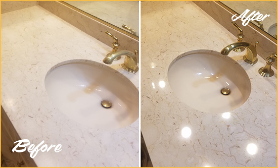 Before and After Picture of a Dull Marble Vanity Top Restored to Remove Etch Marks