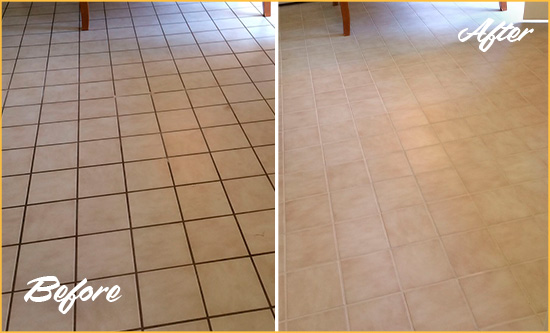 Before and After Picture of a Good Hope Kitchen Tile and Grout Cleaned to Remove Embedded Dirt