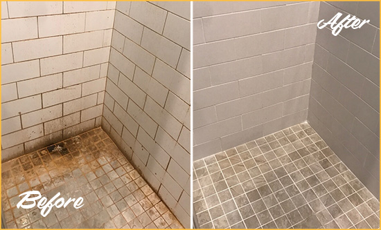 Before and After Picture of a Danielsville Shower Tile and Grout Cleaned to Eliminate Mold and Stains