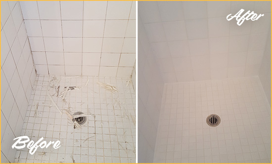 Before and After Picture of a Monroe Bathroom Re-Caulked To Repair Damaged Caulking