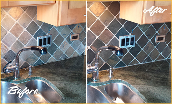 Before and After Picture of a Evans Backsplash Caulked to Fix and Prevent Water Leaks