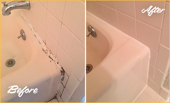 Before and After Picture of a Comer Bathroom Sink Caulked to Fix a DIY Proyect Gone Wrong