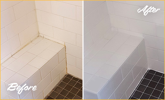 Before and After Picture of a Comer Shower Seat Caulked to Protect Against Mold and Mildew Growth