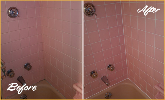Before and After Picture of a Thomson Bathtub Caulked to Eliminate Mold