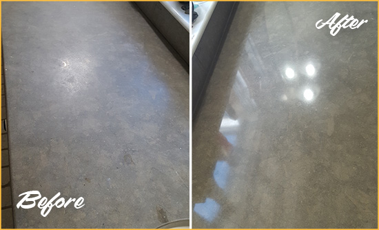 Before and After Picture of a Dull Bostwick Limestone Countertop Polished to Recover Its Color