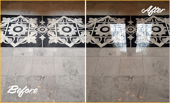 Before and After Picture of a Bostwick Marble Stone Floor Polished to a Mirror Shine