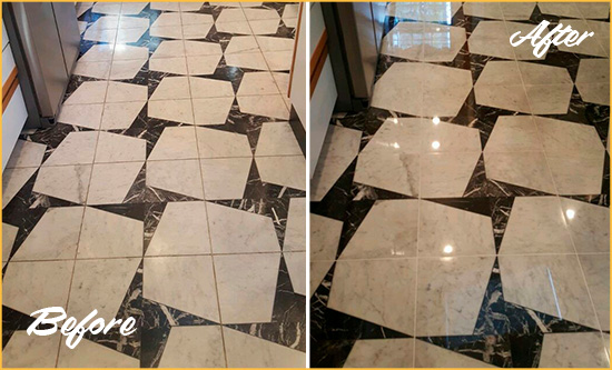 Before and After Picture of a Dull Bostwick Marble Stone Floor Polished To Recover Its Luster