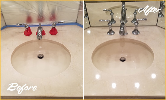 Before and After Picture of a Dull Bostwick Marble Stone Vanity Top Polished to Bring-Back Its Sheen