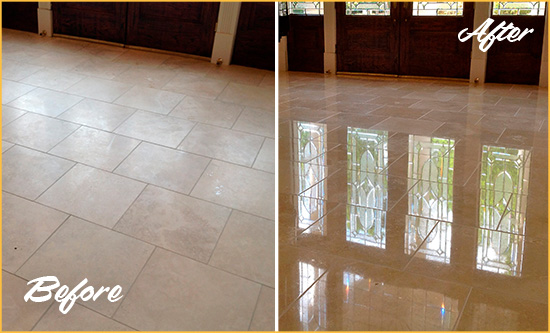 Before and After Picture of a Dull Bostwick Travertine Stone Floor Polished to Recover Its Gloss