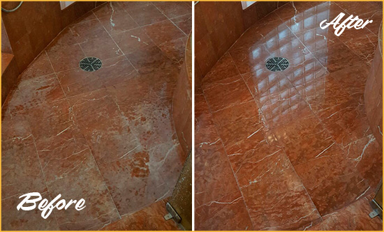 Before and After Picture of a Bostwick Marble Stone Shower Polished to Eliminate Mineral Deposits