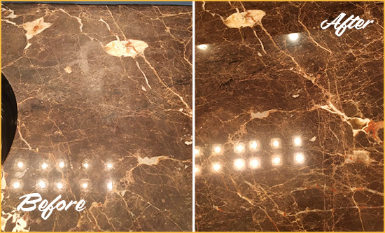 Before and After Picture of a Bostwick Marble Stone Countertop Polished to Eliminate Stains