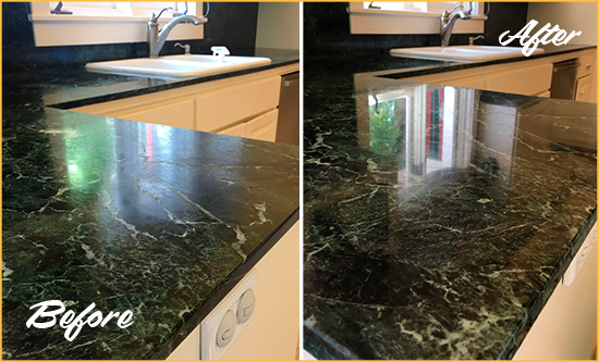 Before and After Picture of a Bostwick Marble Stone Counter Polished to Eliminate Water Marks