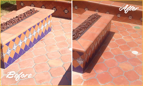Before and After Picture of a Dull Royston Terracotta Patio Floor Sealed For UV Protection