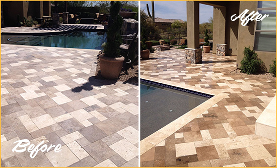 Before and After Picture of a Faded Franklin Springs Travertine Pool Deck Sealed For Extra Protection