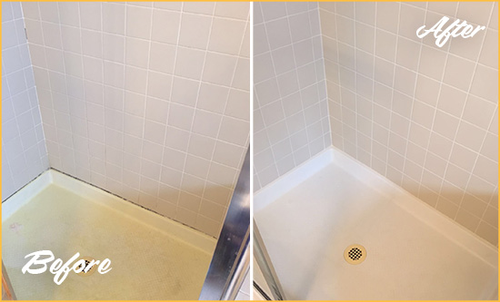 Before and After Picture of a Gracewood Shower Sealed to Remove and Protect Against Mold