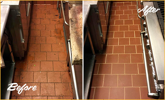 Before and After Picture of a Gracewood Restaurant Kitchen Floor Sealed to Remove Soil