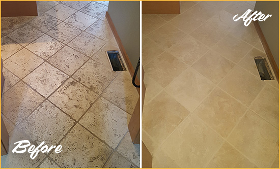 Before and After Picture of a Bishop Kitchen Marble Floor Cleaned to Remove Embedded Dirt