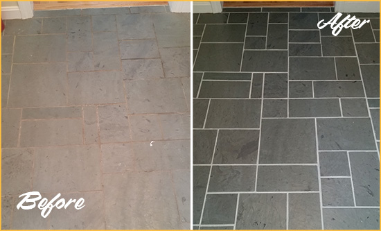 Before and After Picture of a Appling Slate Floor Cleaned to Remove Deep-Seated Dirt
