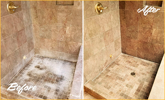 Before and After Picture of a Ila Travertine Shower Cleaned to Eliminate Water Spots