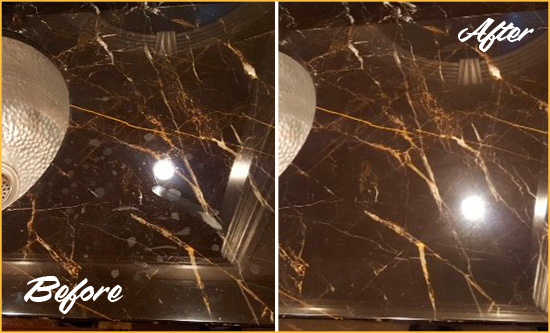 Before and After Picture of a Carlton Marble Countertop Cleaned to Remove Water Spots