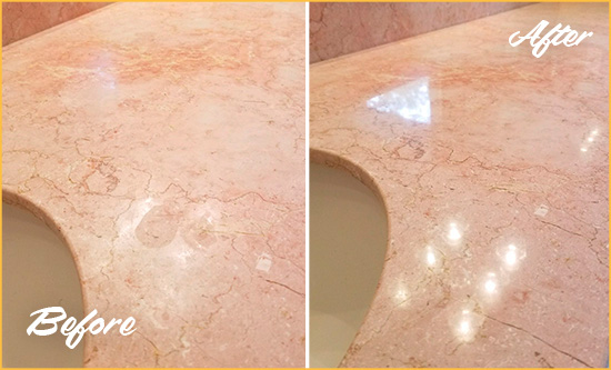 Before and After Picture of a Tignall Marble Stone Vanity Top Sealed to Avoid Water Marks