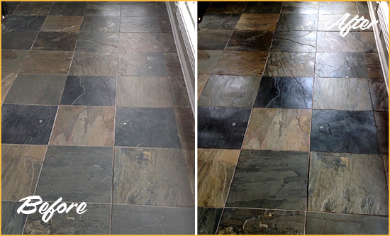 Before and After Picture of a Boneville Slate Stone Floor Sealed to Eliminate Dullness