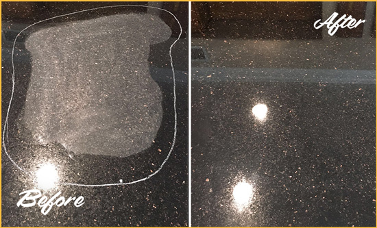 Before and After Picture of a Comer Granite Kitchen Countertop Honed to Eliminate Scratch