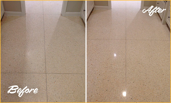 Before and After Picture of a Dull Monroe Granite Floor Honed to Recover Its Sheen