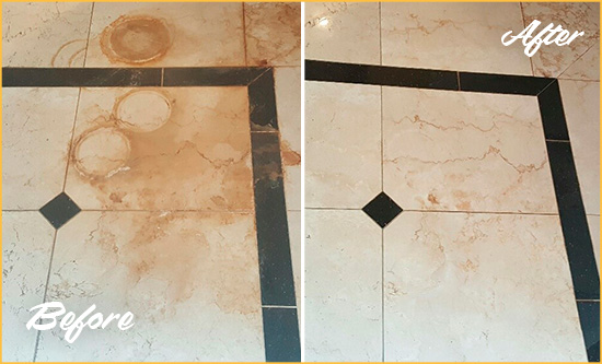 Before and After Picture of a Tignall Marble Floor Honed to Remove Rust Stains