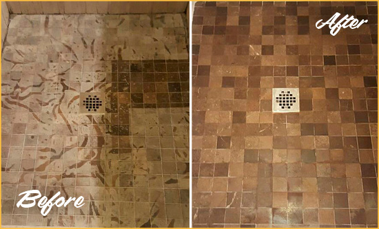 Before and After Picture of a Bogart Marble Shower Honed to Remove Etching