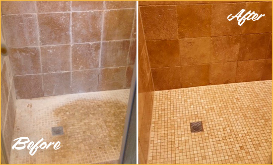 Before and After Picture of a Evans Travertine Shower Honed to Remove Mineral Deposits