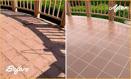 Before and After Picture of a Bowman Hard Surface Restoration Service on a Tiled Deck