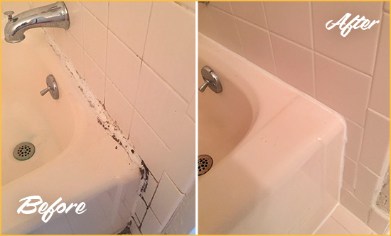 Before and After Picture of a Watkinsville Hard Surface Restoration Service on a Tile Shower to Repair Damaged Caulking