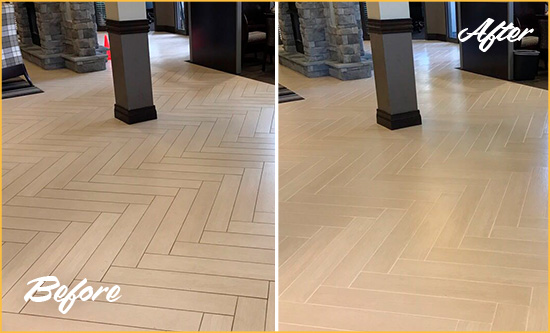 Before and After Picture of a Comer Hard Surface Restoration Service on an Office Lobby Tile Floor to Remove Embedded Dirt