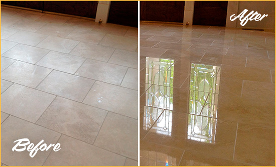 Before and After Picture of a Boneville Hard Surface Restoration Service on a Dull Travertine Floor Polished to Recover Its Splendor