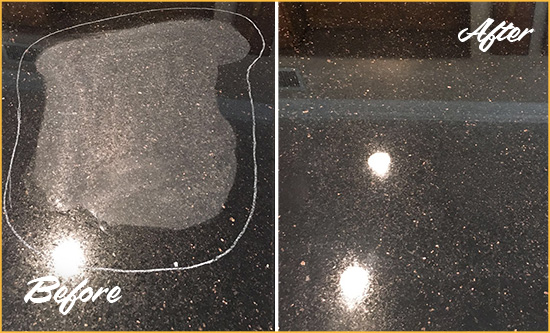 Before and After Picture of a Tignall Hard Surface Restoration Service on a Granite Countertop to Remove Scratches