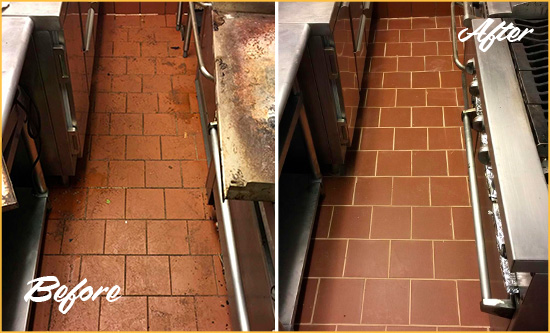 Before and After Picture of a Nicholson Hard Surface Restoration Service on a Restaurant Kitchen Floor to Eliminate Soil and Grease Build-Up