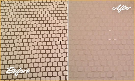 Before and After Picture of a Watkinsville Hard Surface Restoration Service on a Bathroom Tile Floor Recolored to Fix Grout Color