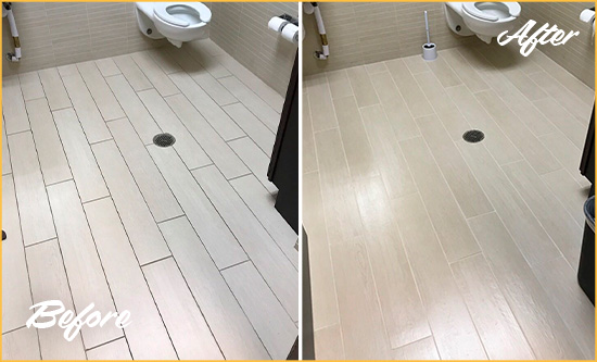 Before and After Picture of a Colbert Office Restroom's Grout Cleaned to Remove Dirt