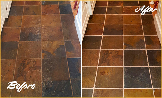 Before and After Picture of Boneville Slate Floor Grout Cleaned to Remove Dirt