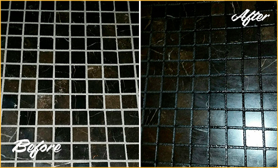 Before and After Picture of a Nicholson Black Floor with Recolored Grout