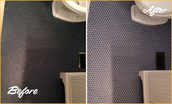 Before and After Picture of a Ila Blue Tile Floor Recolored Grout