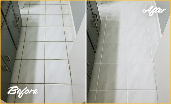 Before and After Picture of a Gracewood White Ceramic Tile with Recolored Grout