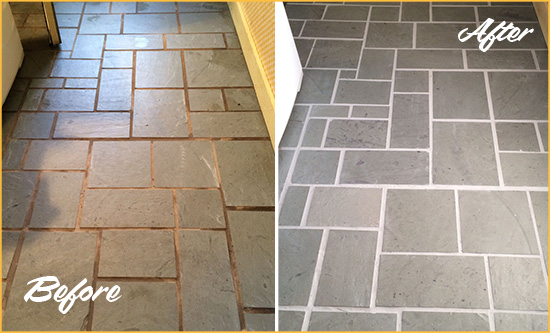Before and After Picture of Damaged Danielsville Slate Floor with Sealed Grout